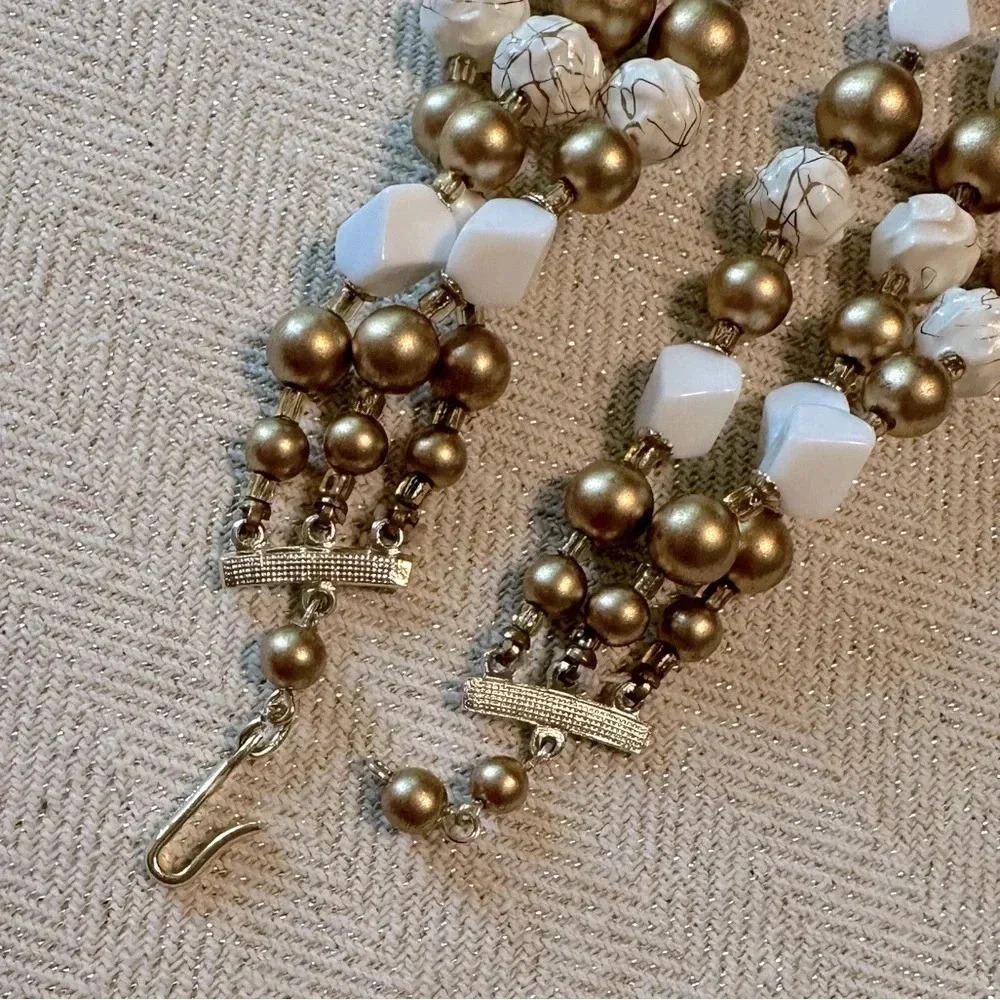 Vintage Signed Japan Gold & White Beaded Statement Necklace Multi-Strand Layered - Picture 11 of 11